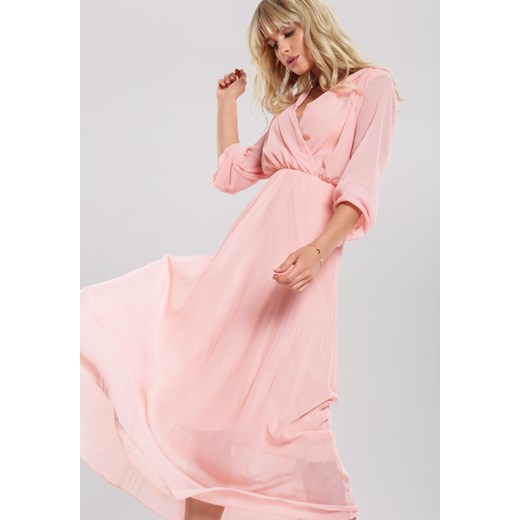 Sukienka różowa Renee bez wzorów maxi kopertowa z długim rękawem 