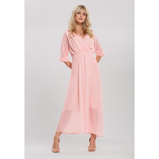 Renee sukienka różowa maxi z dekoltem w literę v z długim rękawem na wiosnę 