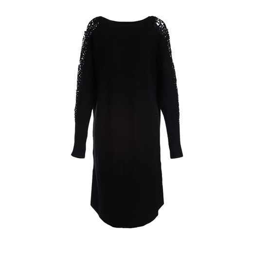 Sukienka Renee z długim rękawem czarna bez wzorów midi na co dzień z okrągłym dekoltem dla puszystych 