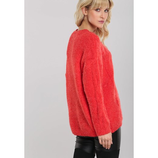 Sweter damski Renee bez wzorów czerwony z okrągłym dekoltem 