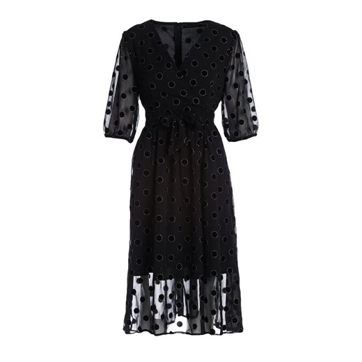 Sukienka Renee midi rozkloszowana czarna z długim rękawem z dekoltem w literę v w grochy 
