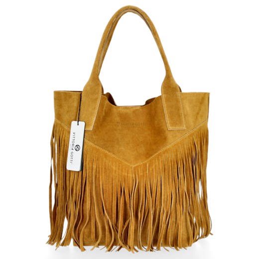 Stylowe Torebki Skórzane Firmowy Shopper XL w stylu boho marki Vittoria Gotti Musztarda (kolory) Vittoria Gotti PaniTorbalska