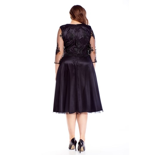 Sukienka czarna z dekoltem w literę v na sylwestra midi z haftem z długim rękawem dla puszystych 