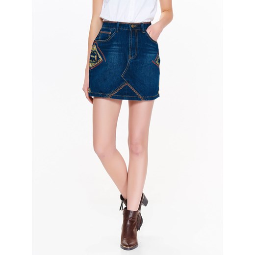 Mini spódniczka jeansowa damska, haftowana Troll S okazyjna cena Top Secret