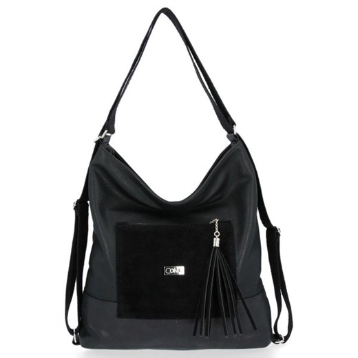 Shopper bag Conci czarna z zamszu matowa na ramię elegancka z frędzlami duża 