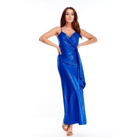 wieczorowa sukienka maxi z wiązaniem w pasie niebieski   46 TAGLESS