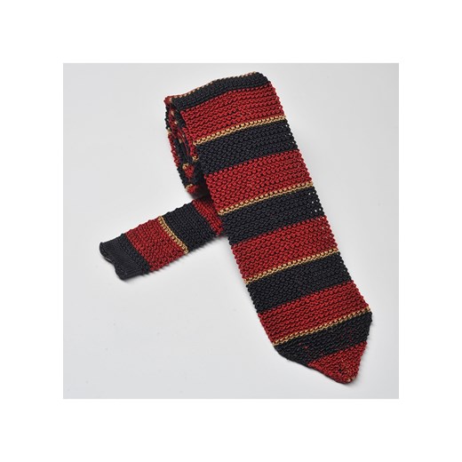 Krawat z dzianiny (knit) w czerwone, granatowe i beżowe paski eleganckipan-com-pl czerwony do garnituru