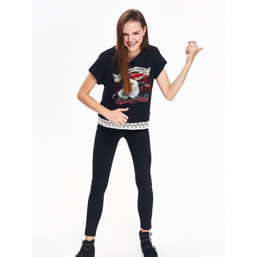 T-shirt damski z nadrukiem i koronkowym wykończeniem  Troll XS okazyjna cena Top Secret 