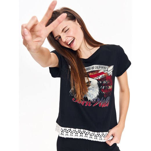 T-shirt damski z nadrukiem i koronkowym wykończeniem Troll  M Top Secret okazyjna cena 