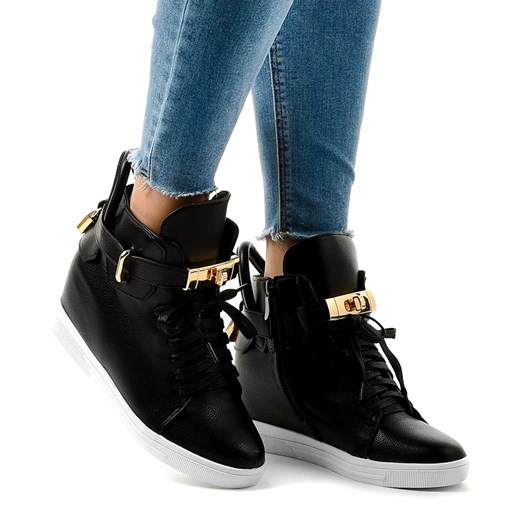 Buty sportowe damskie Butymodne czarne na koturnie ze skóry ekologicznej gładkie wiązane młodzieżowe 
