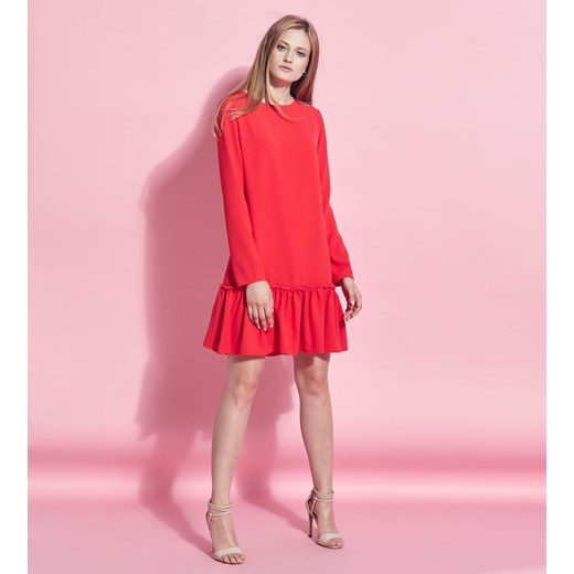 Sukienka czerwona z długimi rękawami z wiskozy z okrągłym dekoltem 