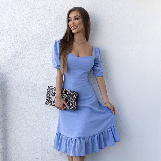 Sukienka niebieska bez wzorów casual z długimi rękawami mini z wiskozy 