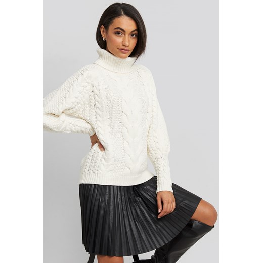 NA-KD Trend High Neck Cable Knitted Ribbed Sleeve Sweater - White  NA-KD Trend XXS NA-KD