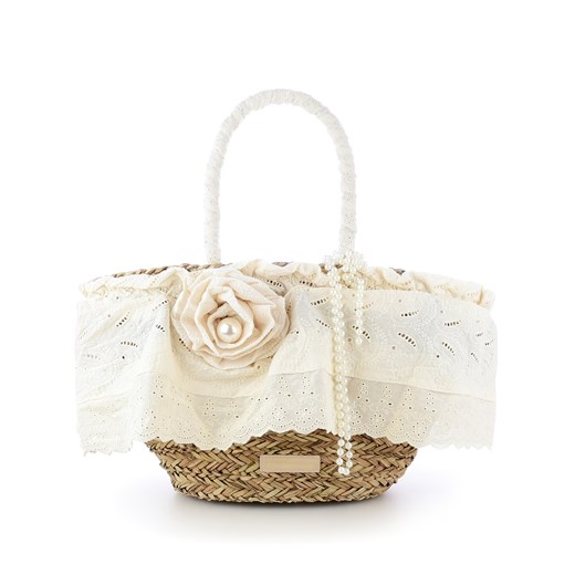 Beżowa torba plażowa typu koszyk z ozdobnymi perłami RICCIA