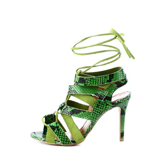 Zielone sandały na szpilce z motywem skóry wężowej