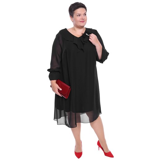 Czarna dwuwarstwowa sukienka z broszką   60 Modne Duże Rozmiary
