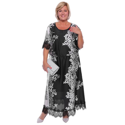 Długa czarno-biała sukienka w kwiaty   60 Modne Duże Rozmiary