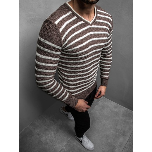 Brązowy sweter męski Ozonee w serek w stylu młodzieżowym w paski 