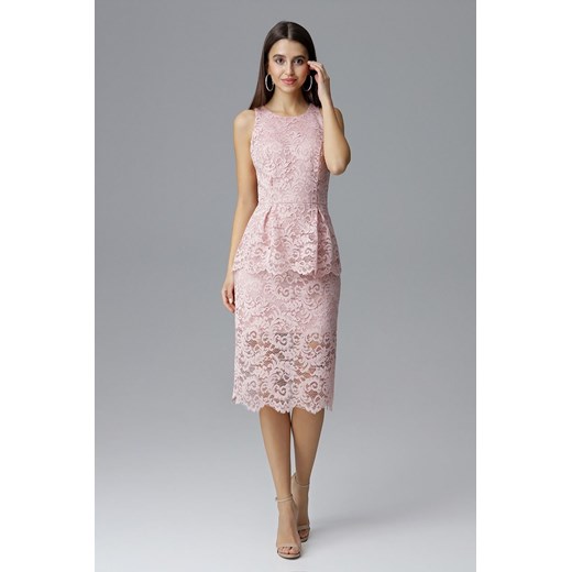 Dopasowana sukienka koronkowa z baskinką różowy   38 TAGLESS