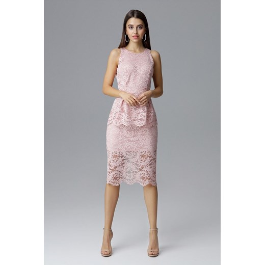 Dopasowana sukienka koronkowa z baskinką różowy   XL TAGLESS