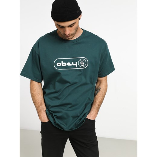 T-shirt męski zielony OBEY z napisami 