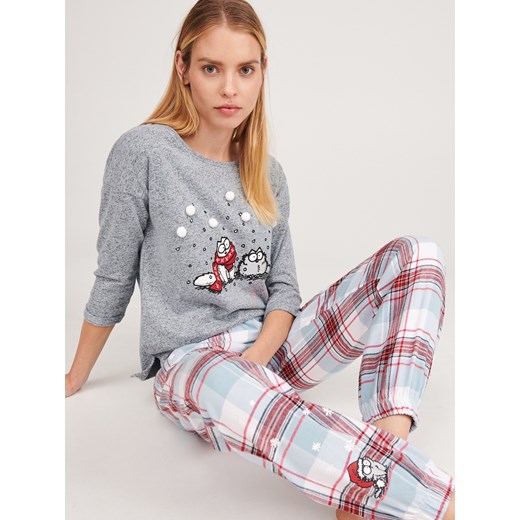 Reserved - Piżama ze spodniami w kratę i świątecznym motywem Kot Simona - Niebieski Reserved  XL 