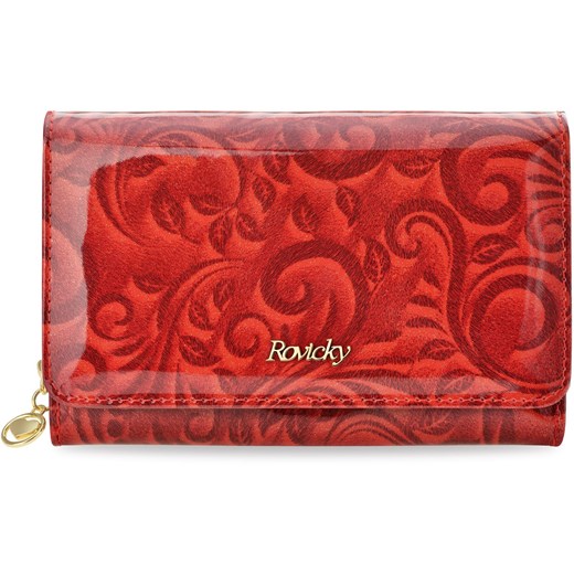 Skórzana damska portmonetka rovicky lakierowany portfel z secesyjnym opalizującym wzorem w eleganckim pudełku - czerwony  Rovicky  world-style.pl