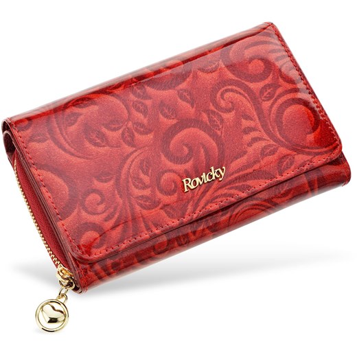 Skórzana damska portmonetka rovicky lakierowany portfel z secesyjnym opalizującym wzorem w eleganckim pudełku - czerwony Rovicky   world-style.pl