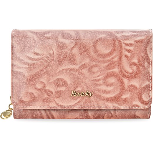 Skórzana damska portmonetka rovicky lakierowany portfel z secesyjnym opalizującym wzorem w eleganckim pudełku - różowy Rovicky   world-style.pl