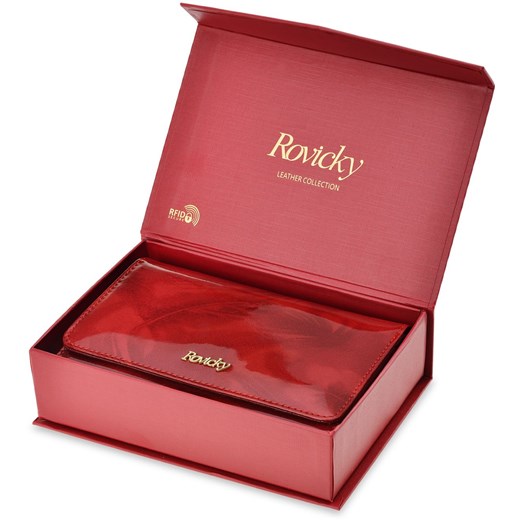 Elegancki skórzany portfel damski rovicky lakierowana opalizująca portmonetka rfid pudełko - czerwony  Rovicky  world-style.pl
