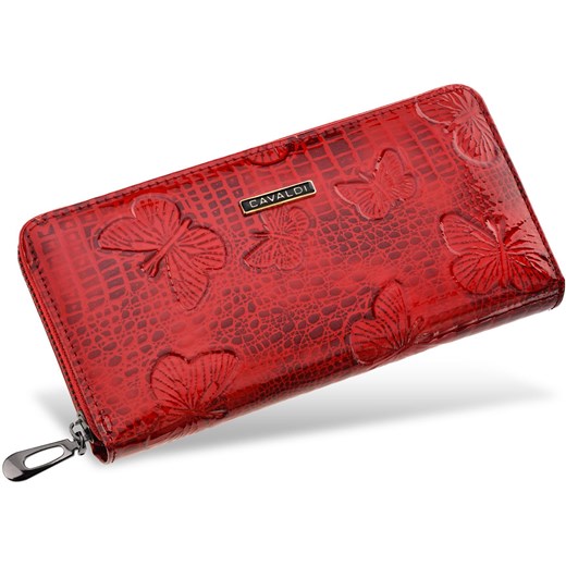 Duży lakierowany portfel damski cavaldi skórzana portmonetka na zamek tłoczenia wężowy wzór motyle - czerwony Cavaldi   world-style.pl