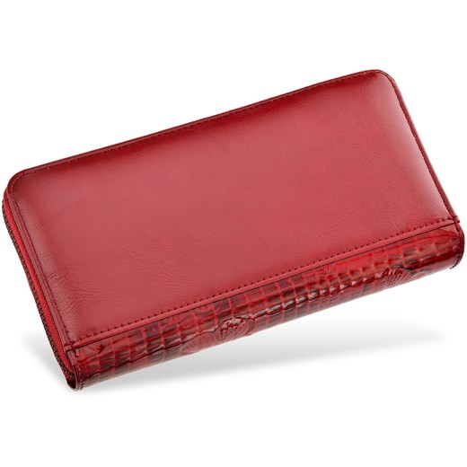 Duży lakierowany portfel damski cavaldi skórzana portmonetka na zamek tłoczenia wężowy wzór motyle - czerwony Cavaldi   world-style.pl