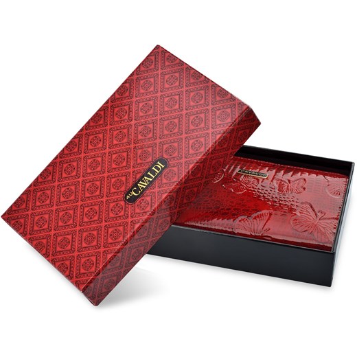 Duży lakierowany portfel damski cavaldi skórzana portmonetka na zamek tłoczenia wężowy wzór motyle - czerwony  Cavaldi  world-style.pl