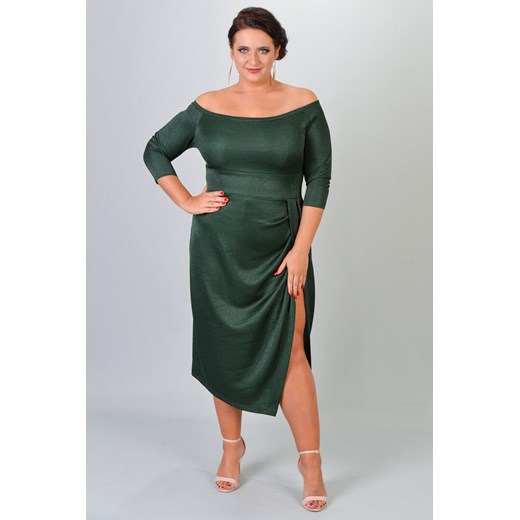 Sukienka hiszpanka połysk duze rozmiary DELICJA long efektowne rozcięcie butelkowa zieleń plus size karko.pl