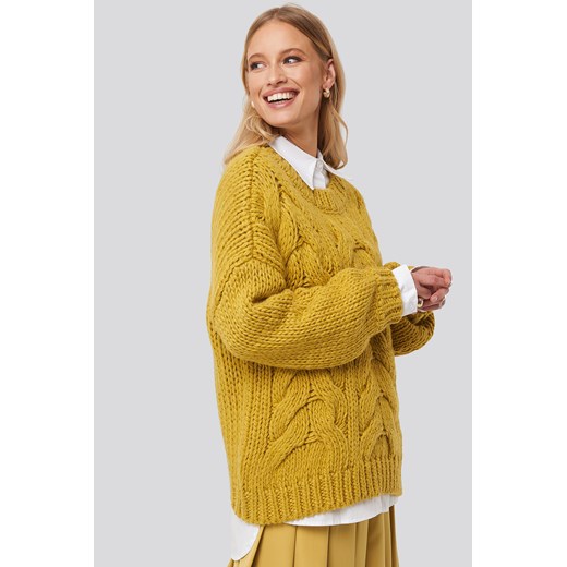 NA-KD Trend Wool Blend Round Neck Heavy Knitted Cable Sweater - Yellow  NA-KD Trend L/XL NA-KD