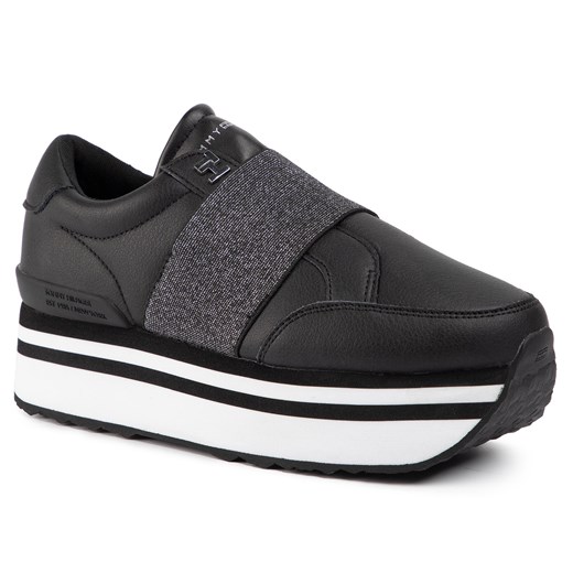 Sneakersy TOMMY HILFIGER - Elastic Slip On Fatform Sneaker FW0FW04603  Black BLK