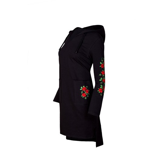 Bluzka damska czarna JK Collection z elastanu z kapturem na wiosnę z haftem z długim rękawem 