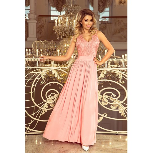 Lea długa suknia bez rękawków z haftowanym dekoltem - pastelowy róż - 215-4 różowy Numoco  S FLORENCE