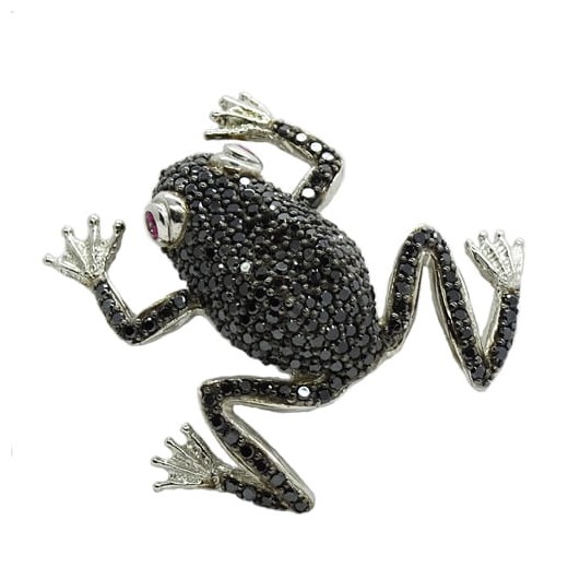 FELIX Srebrna broszka czarne cyrkonie żaba na szczęście