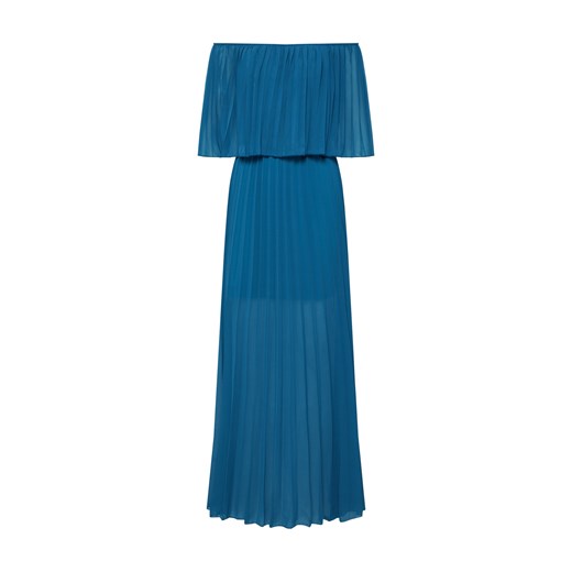 Sukienka Carolina Cavour niebieska z dekoltem typu hiszpanka z długim rękawem 