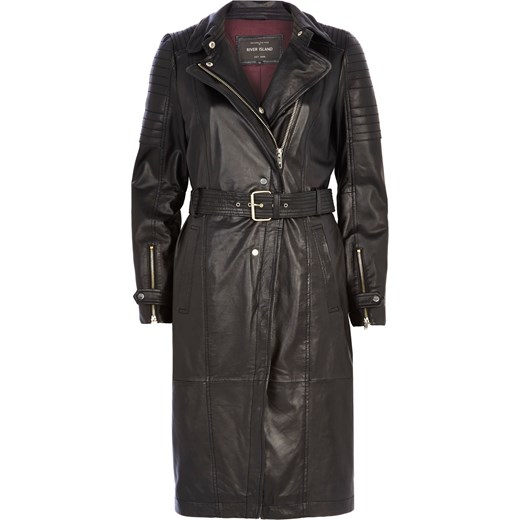 Black leather biker trench coat river-island szary płaszcz