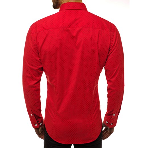 Koszula męska Ozonee z klasycznym kołnierzykiem czerwona z długim rękawem casual z elastanu 