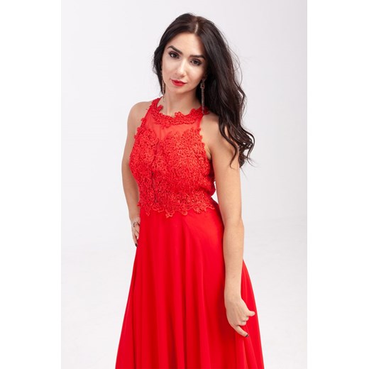 Sukienka z lekkim szyfonowym dołem z delikatną koronką Czerwona   M Butik Ecru