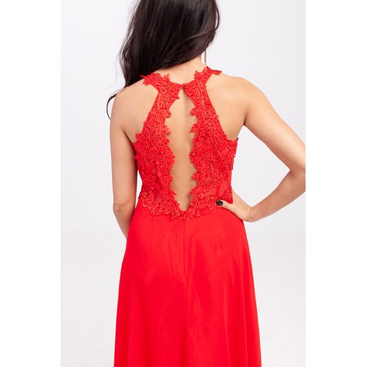 Sukienka z lekkim szyfonowym dołem z delikatną koronką Czerwona   M Butik Ecru