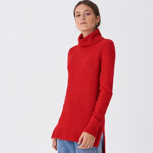 Sweter damski House casual z golfem czerwony bez wzorów 