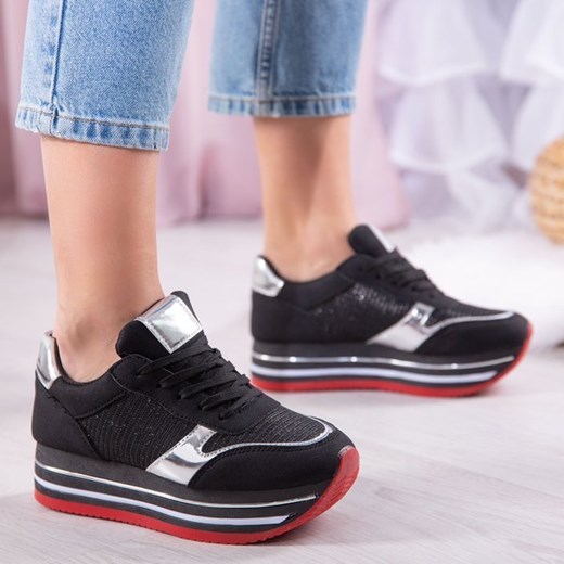 Buty sportowe damskie czarne Royalfashion.pl na platformie sznurowane bez wzorów wiosenne 