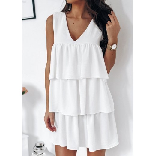 Sukienka biała mini gładka bez rękawów z dekoltem w serek 