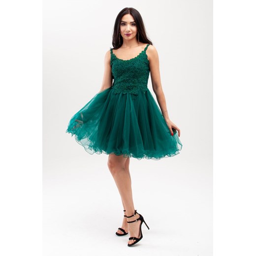 Sukienka koronkowa z kolorowymi kamykami Zielona   M/L Butik Ecru