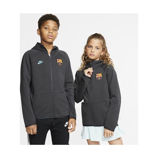Bluza z kapturem i zamkiem na całej długości dla dużych dzieci FC Barcelona Tech Fleece Essentials - Szary