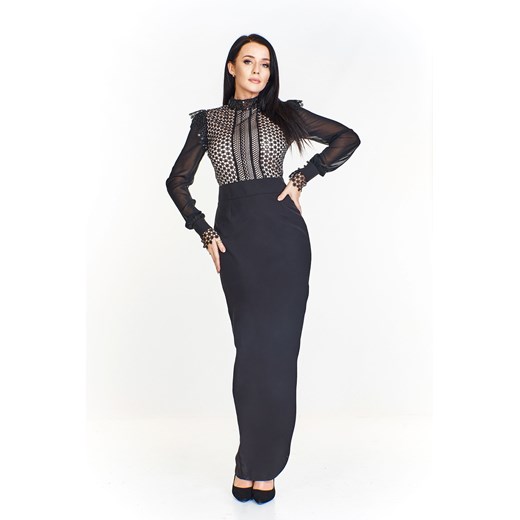 Sukienka maxi z koronkową górą ozdobioną cekinami na jasnej podszewce z głębokim rozcięciem u dołu Ptakmoda.com 44